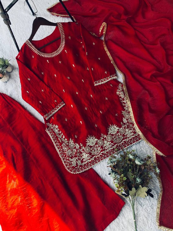 Red Sequence Embroidery Worked Top, Plazzo and Dupatta