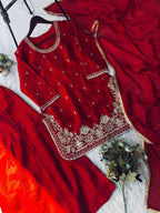 Red Sequence Embroidery Worked Top, Plazzo and Dupatta