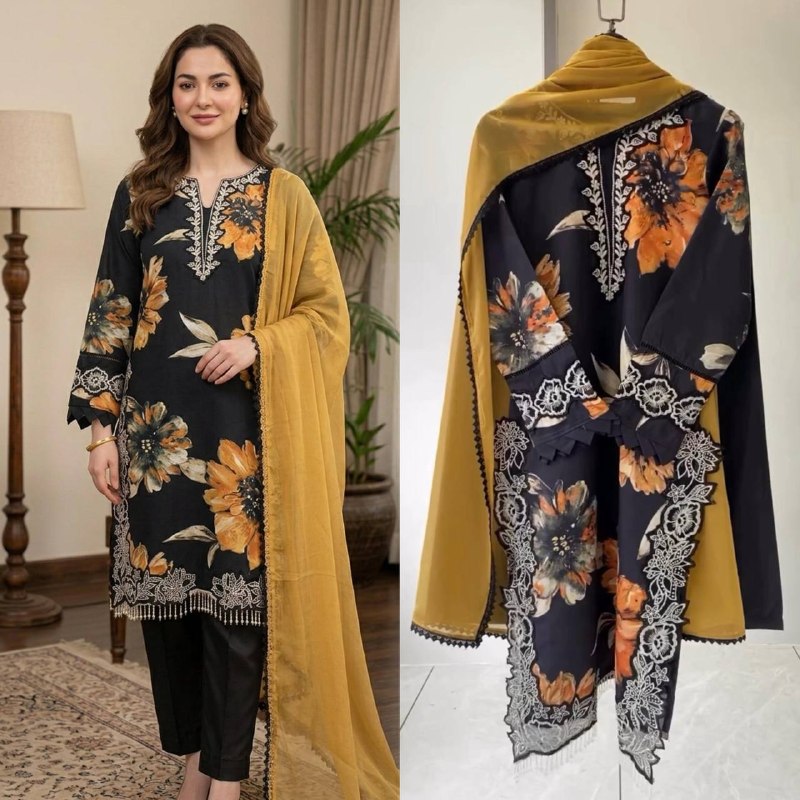 Black Floral Printed Embroidered Lace Top, Plazzo with Dupatta — Hania Amir Inspired