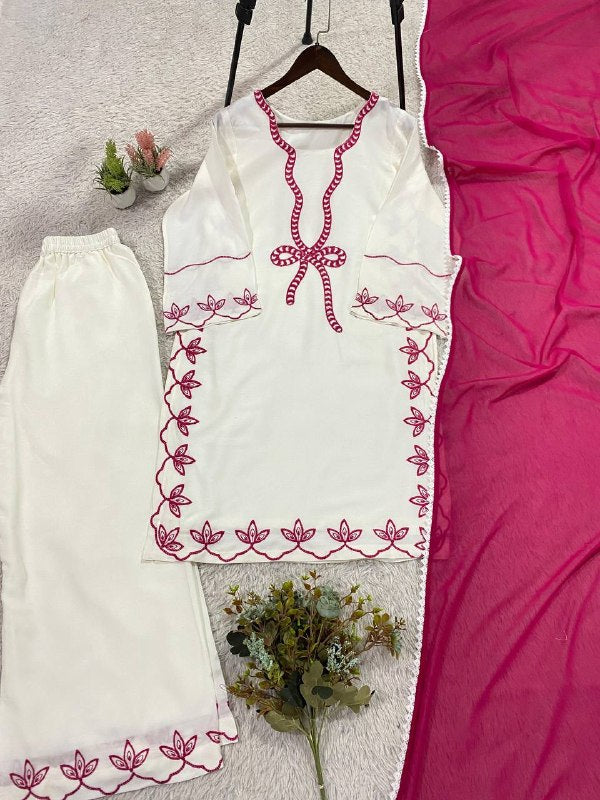 Ivory Embroidered Top, Plazzo and Dupatta — Hania Amir Inspired Pakistani Suit
