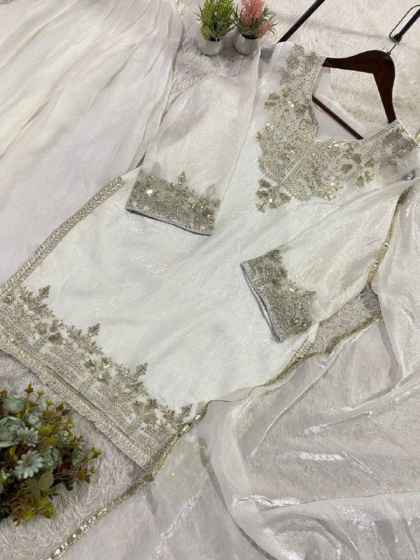 White Comfortable Suit with Sequence Embroidered Top, Plazzo and Dupatta