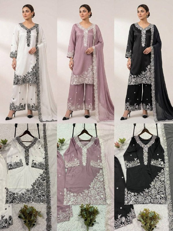 Mauve Sequence Embroidery Worked Top, Plazzo with Dupatta