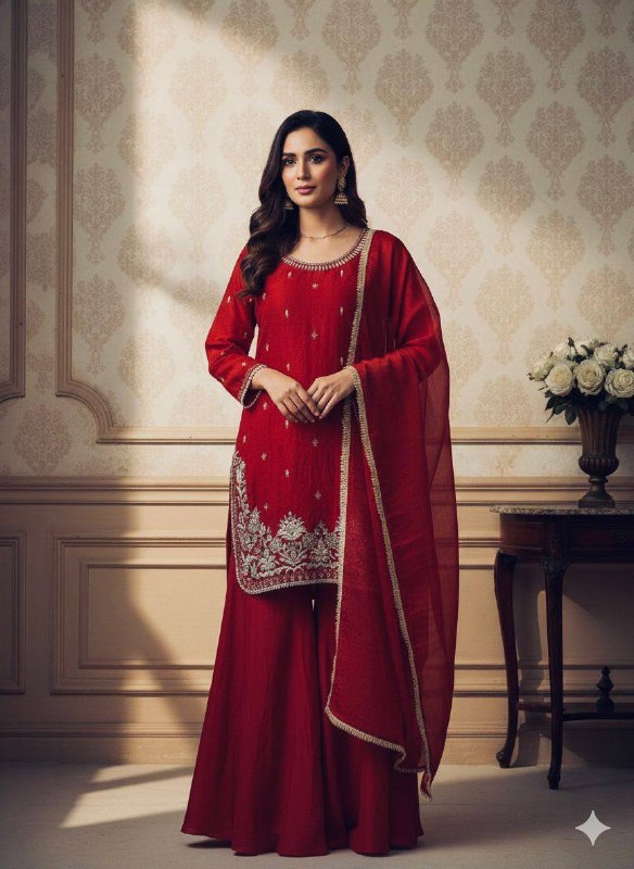 Red Sequence Embroidery Worked Top, Plazzo and Dupatta