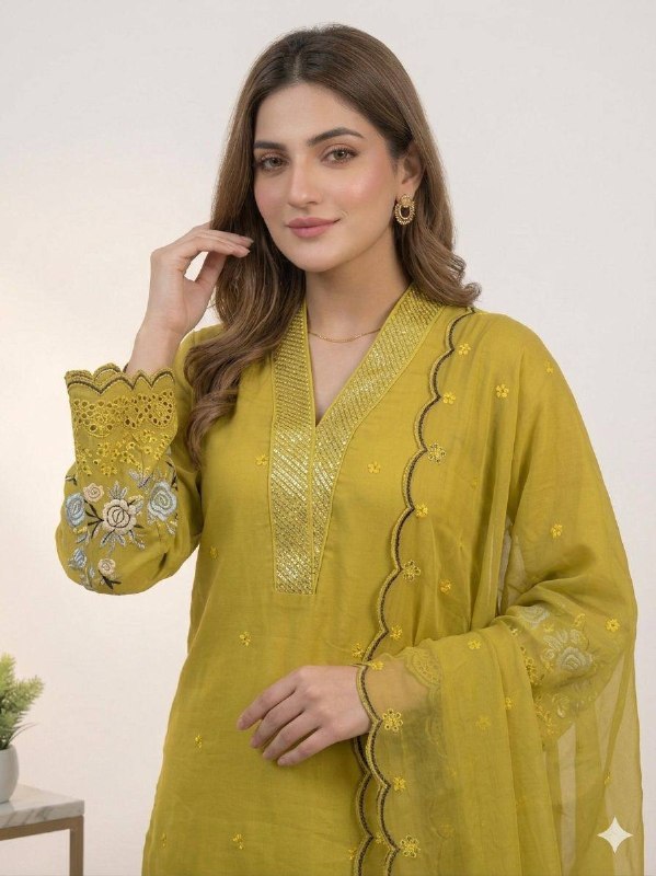 Mustard Yellow Sequence Embroidery Worked Top, Plazzo with Dupatta