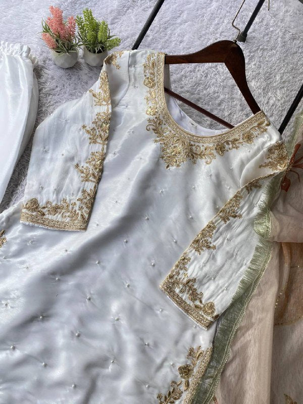 White Cording with Sequence Embroidery and Beads Worked Top, Plazzo and Dupatta