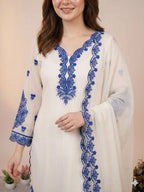 White Embroidered Top, Plazzo and Dupatta with Blue Embroidery — Hania Amir Inspired