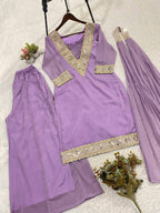 Lavender 4 Piece Cording with Real Mirror Embroidered Blouse-Top, Plazzo with Dupatta