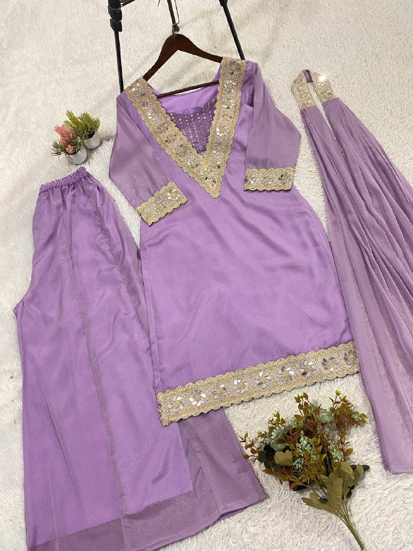 Lavender 4 Piece Cording with Real Mirror Embroidered Blouse-Top, Plazzo with Dupatta