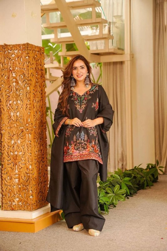 Black Printed Top, Salwaar with Dupatta in Roman Fabric