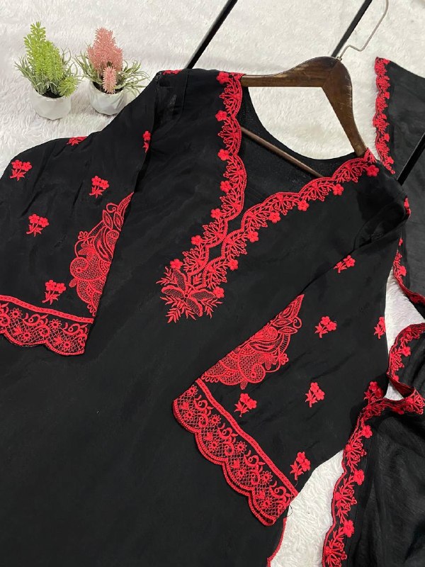 Black Embroidered Top, Plazzo and Dupatta with Red Embroidery — Hania Amir Inspired