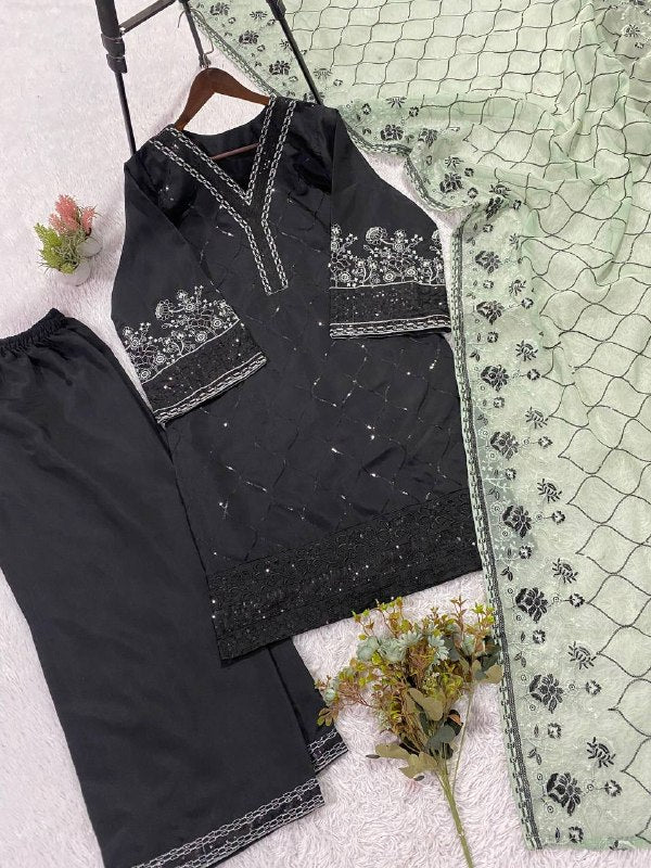 Black Sequence Embroidered Top, Plazzo with Dupatta
