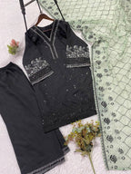 Black Sequence Embroidered Top, Plazzo with Dupatta