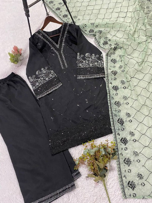 Black Sequence Embroidered Top, Plazzo with Dupatta
