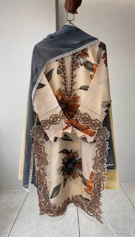 Cream Floral Printed Embroidered Lace Top, Plazzo with Dupatta — Hania Amir Inspired