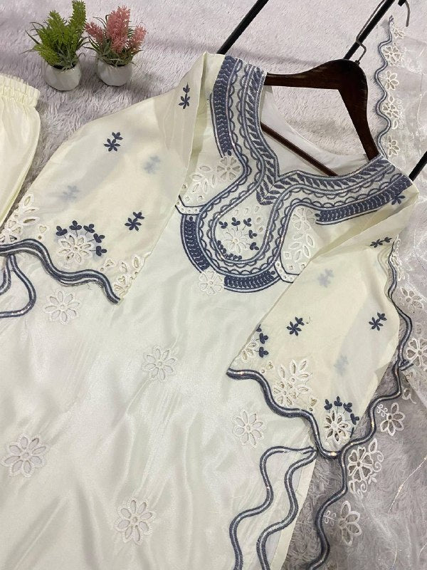 Ivory Sequence Embroidered Cutwork Top, Plazzo and Dupatta — Hania Amir Inspired
