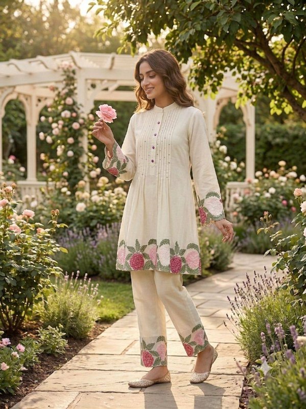 Ivory Trendy Co-ord Set with Floral Embroidery Work