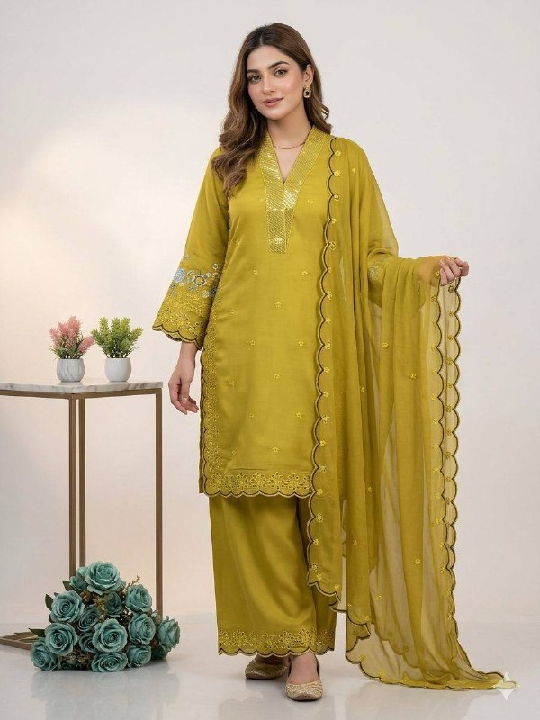 Mustard Yellow Sequence Embroidery Worked Top, Plazzo with Dupatta