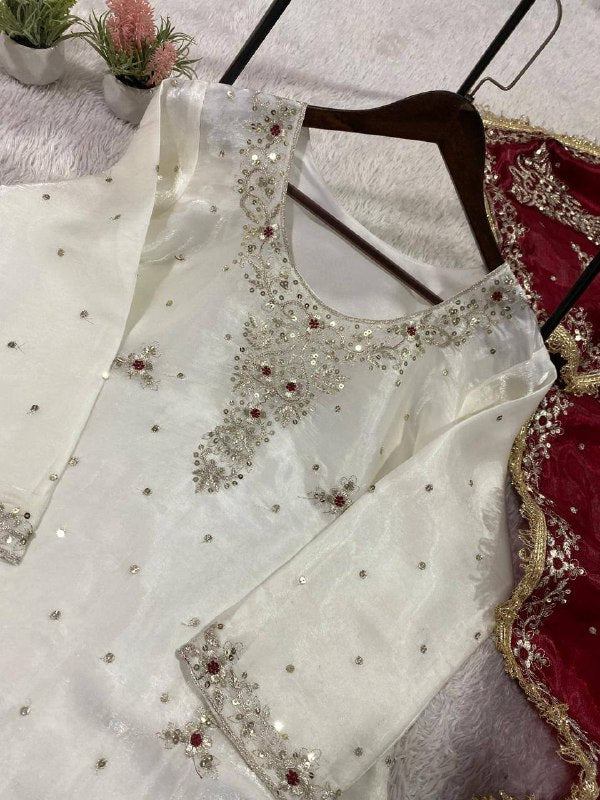 White Sequence Embroidered Top, Sarara with Maroon Dupatta