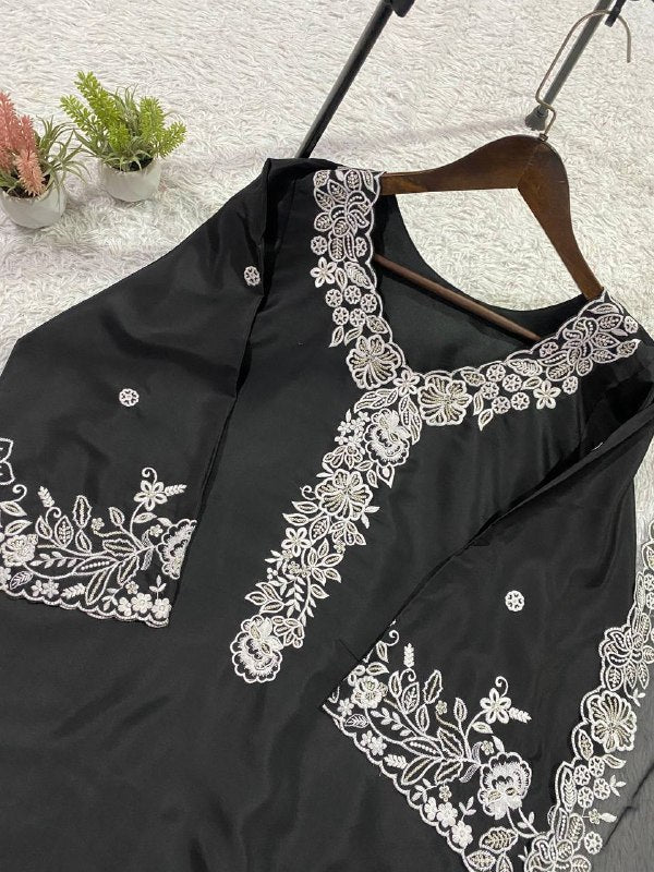 Black Sequence Embroidery Worked Top, Plazzo with Dupatta