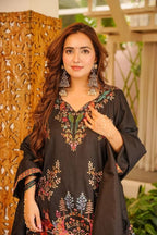 Black Printed Top, Salwaar with Dupatta in Roman Fabric