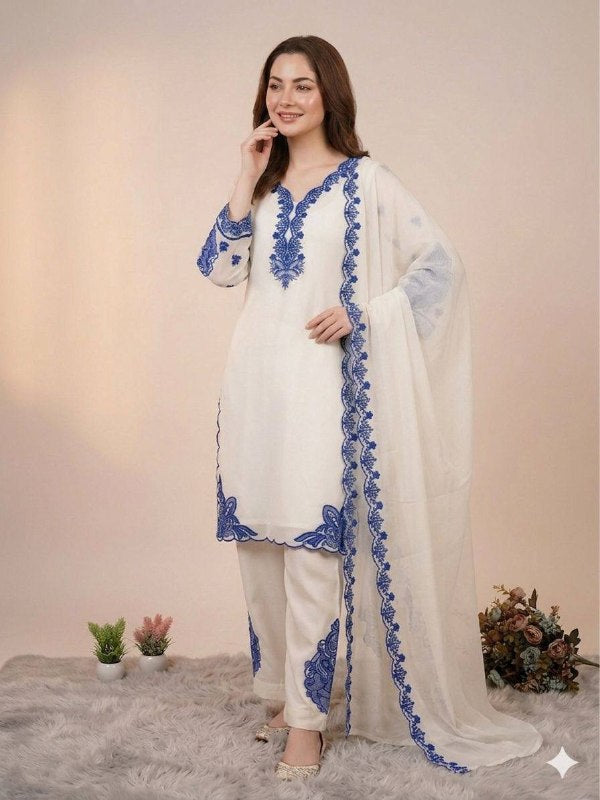White Embroidered Top, Plazzo and Dupatta with Blue Embroidery — Hania Amir Inspired