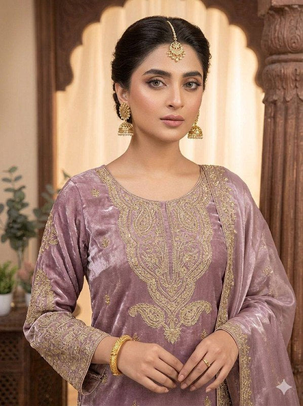 Mauve Cording with Sequence Embroidery Worked Top, Plazzo with Dupatta