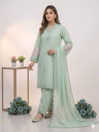 Sage Green Sequence Embroidery Worked Top, Plazzo with Dupatta