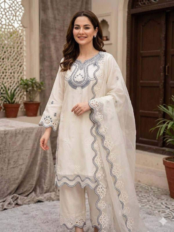 Ivory Sequence Embroidered Cutwork Top, Plazzo and Dupatta — Hania Amir Inspired