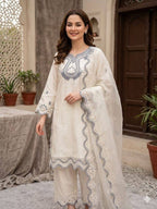 Ivory Sequence Embroidered Cutwork Top, Plazzo and Dupatta — Hania Amir Inspired