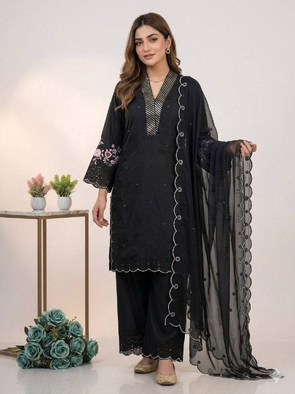 Black Sequence Embroidery Worked Top, Plazzo with Dupatta