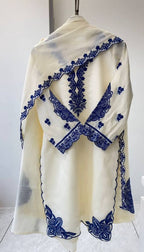 White Embroidered Top, Plazzo and Dupatta with Blue Embroidery — Hania Amir Inspired