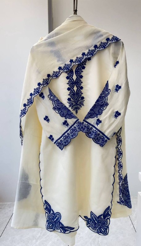 White Embroidered Top, Plazzo and Dupatta with Blue Embroidery — Hania Amir Inspired