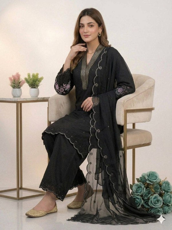 Black Sequence Embroidery Worked Top, Plazzo with Dupatta