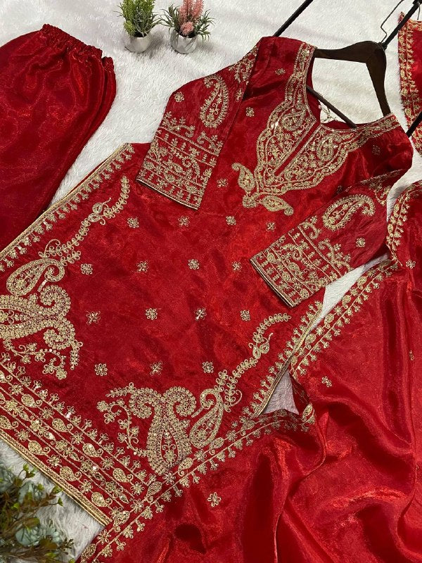Red Cording with Sequence Embroidery Worked Top, Plazzo with Dupatta