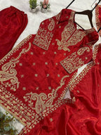 Red Cording with Sequence Embroidery Worked Top, Plazzo with Dupatta