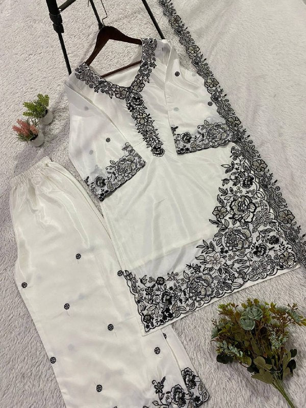 White Sequence Embroidery Worked Top, Plazzo with Dupatta