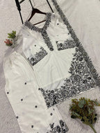 White Sequence Embroidery Worked Top, Plazzo with Dupatta