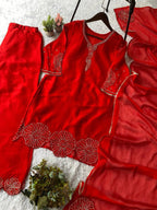 Red Exclusive and Trendy Beads Worked Top, Sarara and Dupatta
