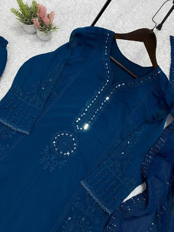 Peacock Blue Hand Mirror & Sequence Embroidered Top, Plazzo with Dupatta