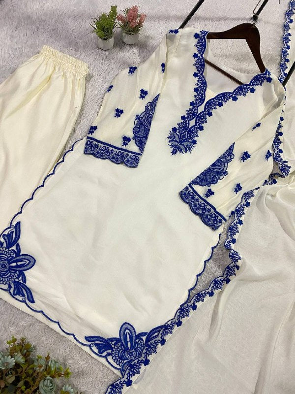 White Embroidered Top, Plazzo and Dupatta with Blue Embroidery — Hania Amir Inspired