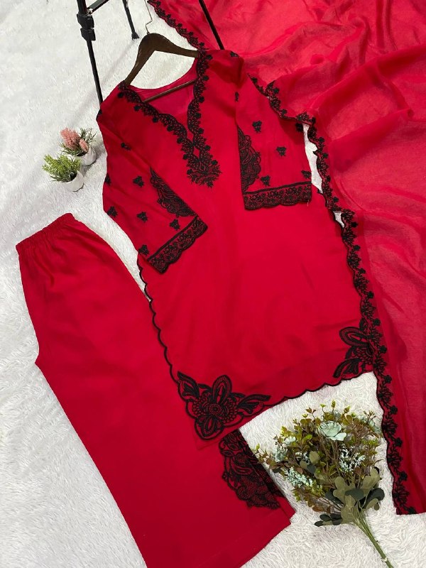 Maroon Embroidered Top, Plazzo and Dupatta with Black Embroidery — Hania Amir Inspired