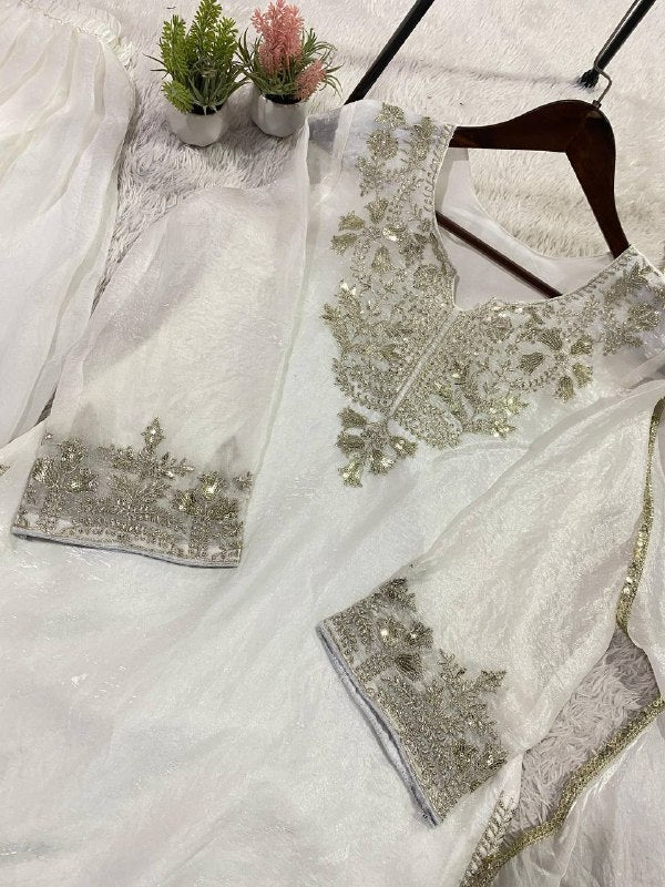 White Comfortable Suit with Sequence Embroidered Top, Plazzo and Dupatta