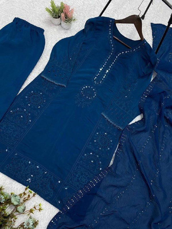 Peacock Blue Hand Mirror & Sequence Embroidered Top, Plazzo with Dupatta