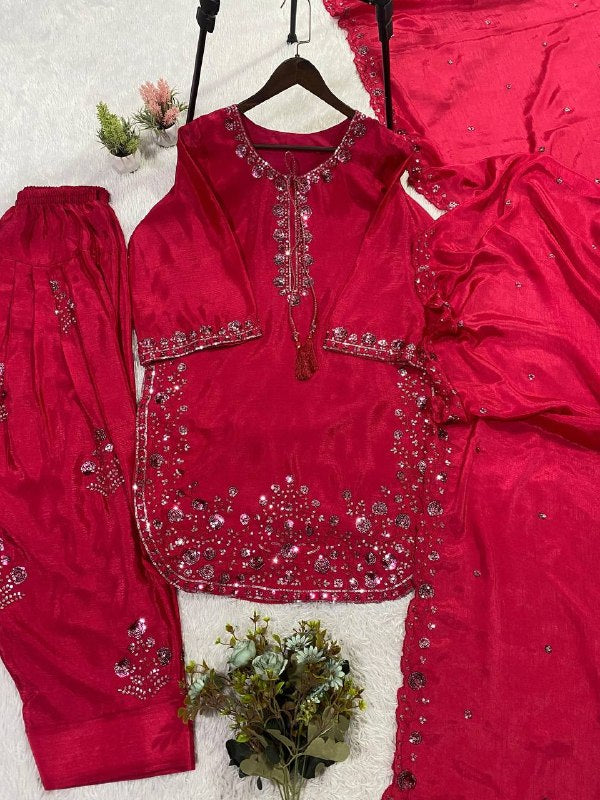 Pink Three Piece Outfit with Sequence Embroidered Top, Farsi Salwaar and Dupatta