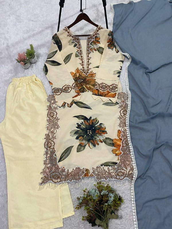 Cream Floral Printed Embroidered Lace Top, Plazzo with Dupatta — Hania Amir Inspired