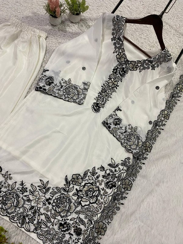 White Sequence Embroidery Worked Top, Plazzo with Dupatta
