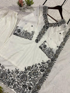 White Sequence Embroidery Worked Top, Plazzo with Dupatta
