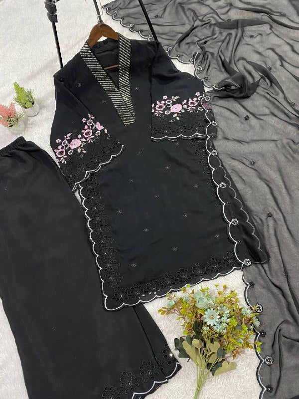 Black Sequence Embroidery Worked Top, Plazzo with Dupatta