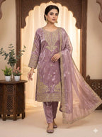 Mauve Cording with Sequence Embroidery Worked Top, Plazzo with Dupatta