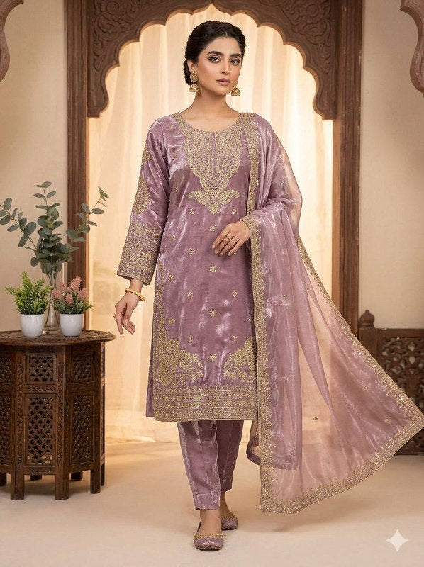 Mauve Cording with Sequence Embroidery Worked Top, Plazzo with Dupatta